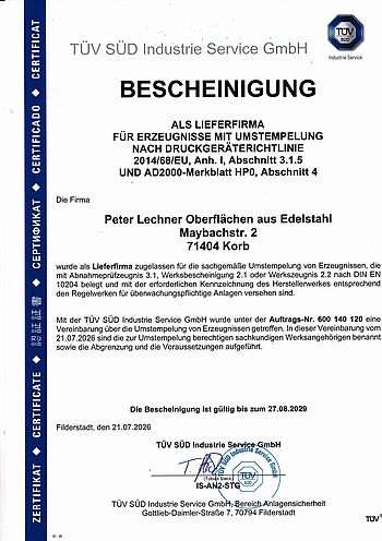 TÜV Druckgeräterichtlinie Umstempel Legitimation bis 2029