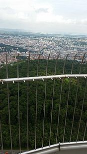 Ausblick auf Innenstadt Stuttgart vom Fernsehturm aus durch das Edelstahlgitter